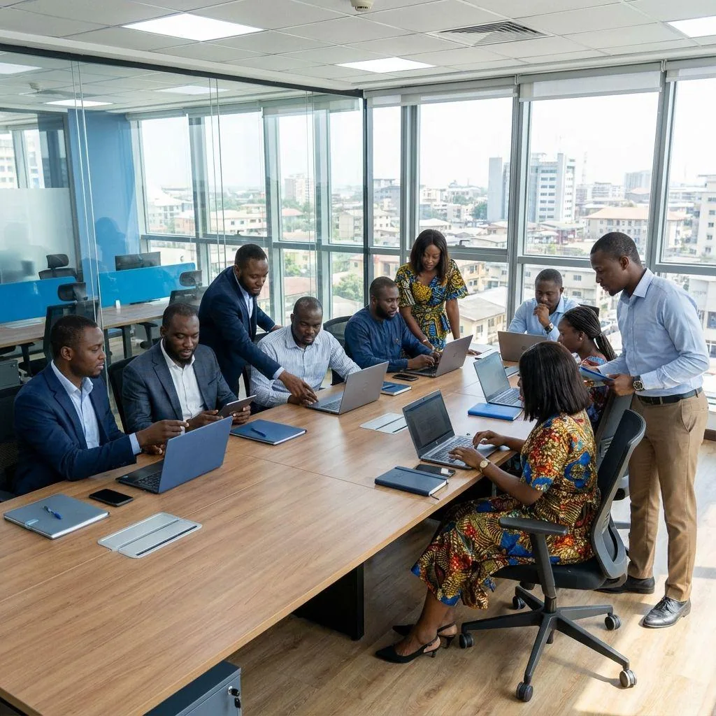 A cross-functional team planning together around a boardroom table