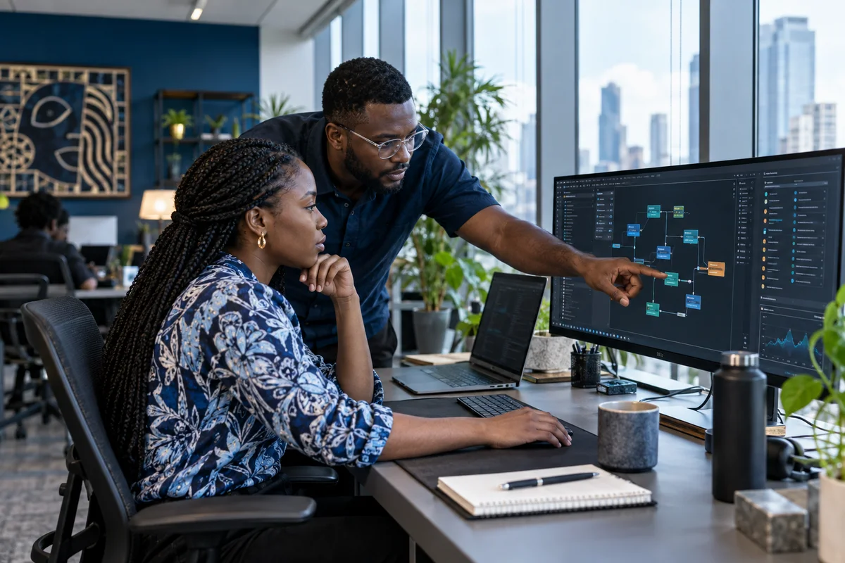 Illustrative scene of a technology team reviewing a digital workflow